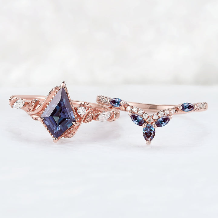 Nature Kite Cut Alexandrite Leaf Engagement Ring Set 2pcs