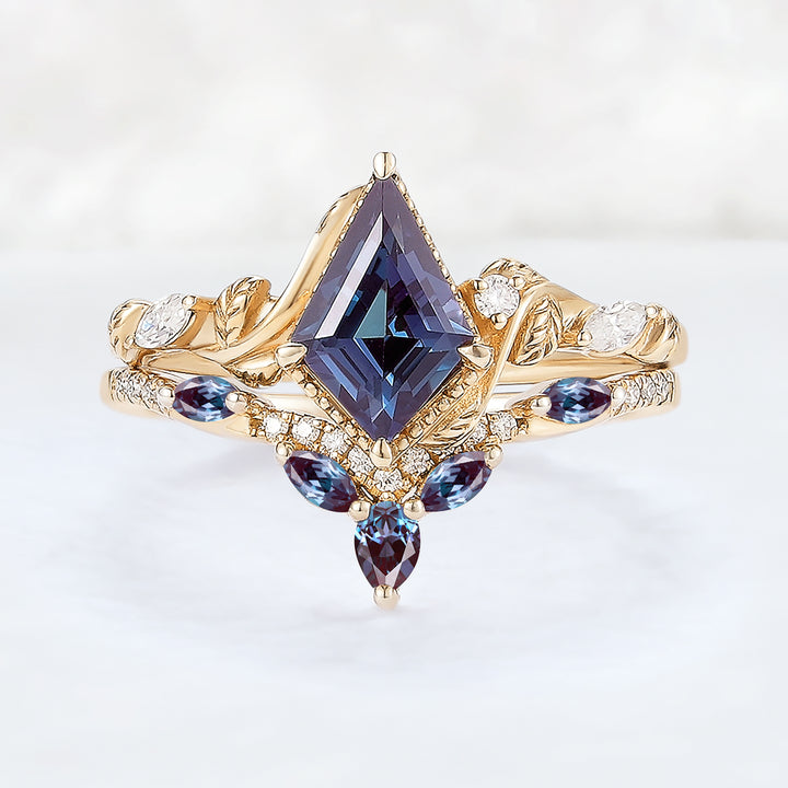 Nature Kite Cut Alexandrite Leaf Gemstone Ring Set 2pcs