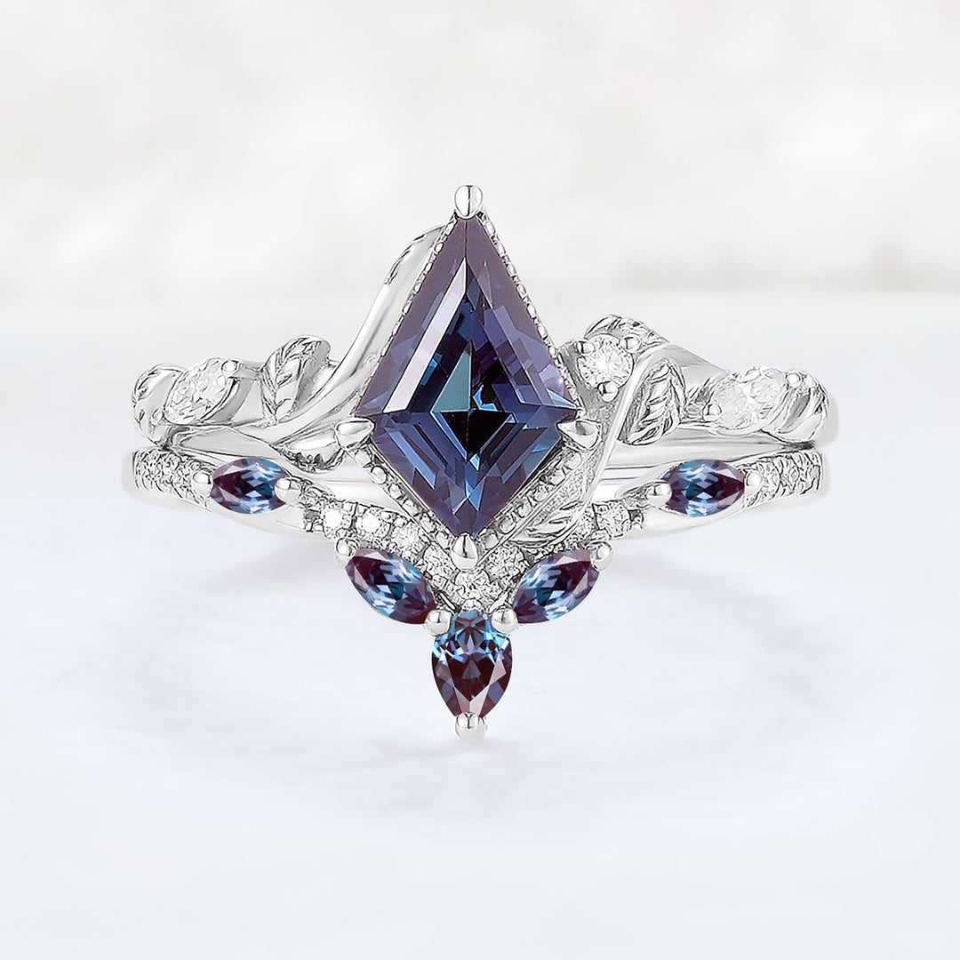 Nature Kite Cut Alexandrite Leaf Gemstone Ring Set 2pcs