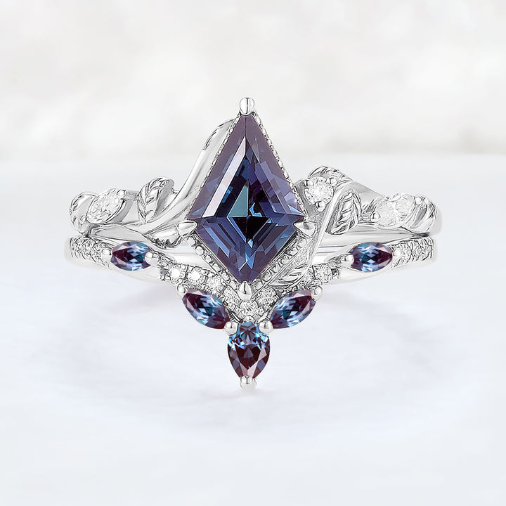 Nature Kite Cut Alexandrite Leaf Gemstone Ring Set 2pcs