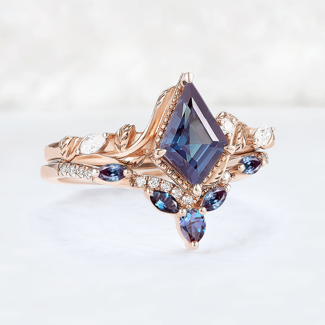 Nature Kite Cut Alexandrite Leaf Gemstone Ring Set 2pcs