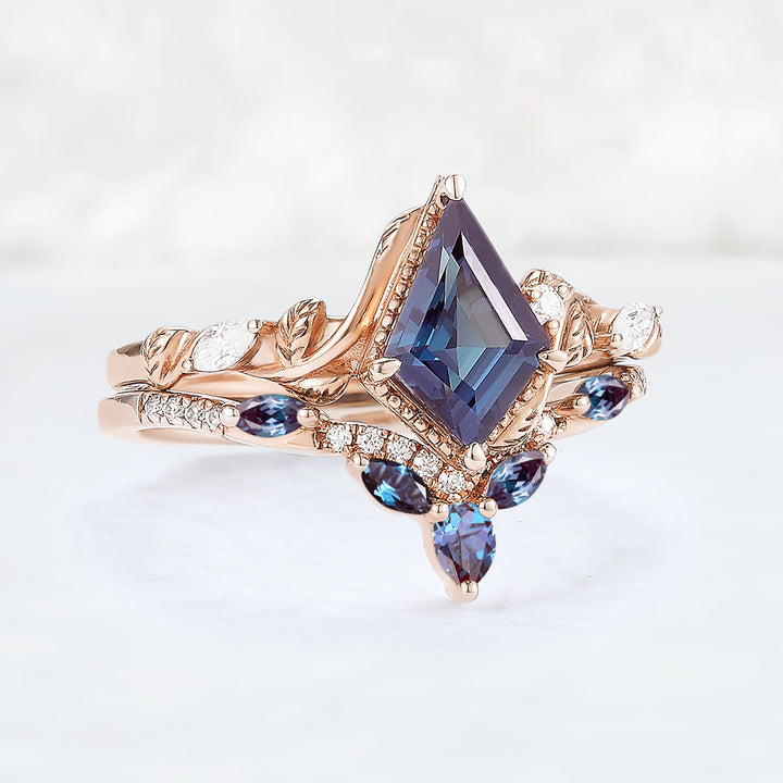 Nature Kite Cut Alexandrite Leaf Gemstone Ring Set 2pcs