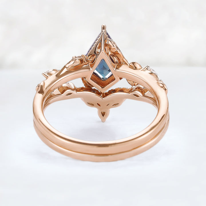 Nature Kite Cut Alexandrite Leaf Gemstone Ring Set 2pcs