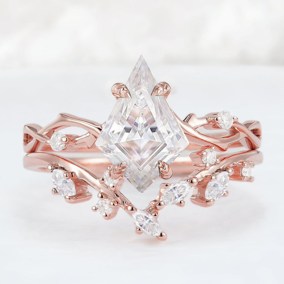 Nature Kite Cut Moissanite Leaf and Vine Engagement Ring Set 2pcs