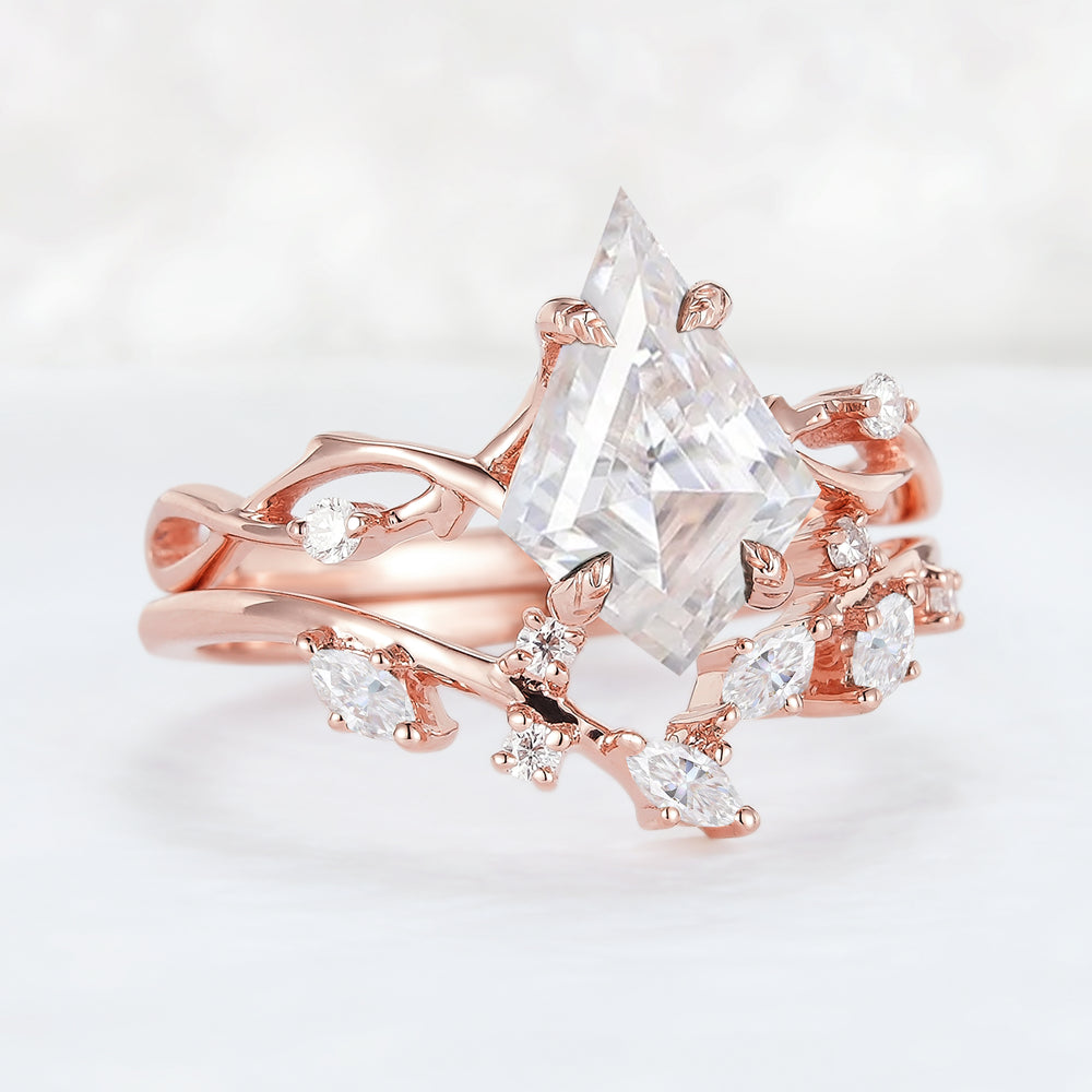 Nature Kite Cut Moissanite Leaf and Vine Engagement Ring Set 2pcs