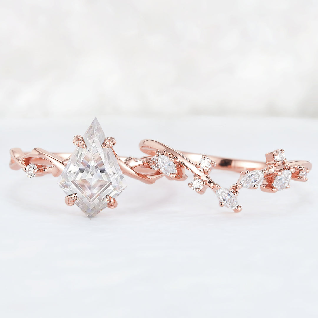 Nature Kite Cut Moissanite Leaf and Vine Engagement Ring Set 2pcs