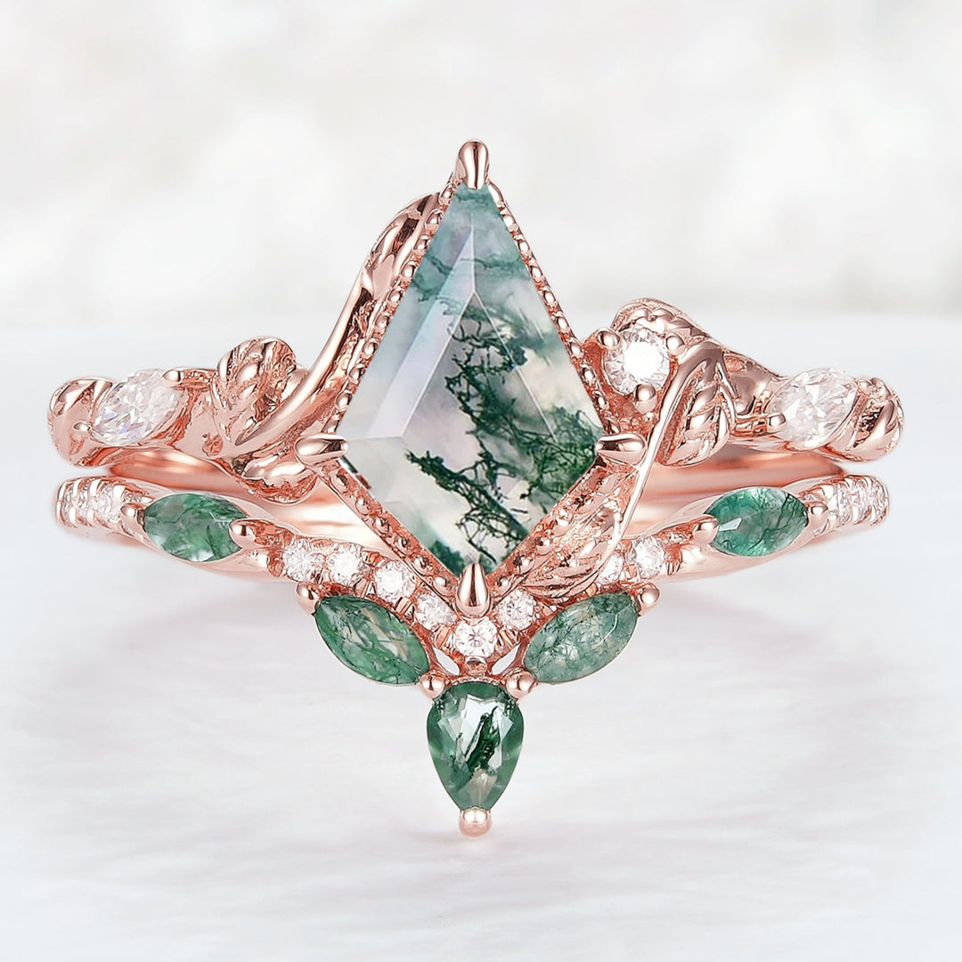 Nature Kite Cut Moss Agate Leaf Engagement Ring Set 2pcs-6
