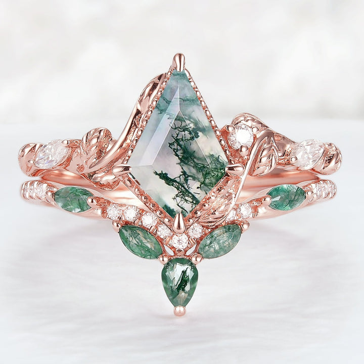Nature Kite Cut Moss Agate Leaf Engagement Ring Set 2pcs-6
