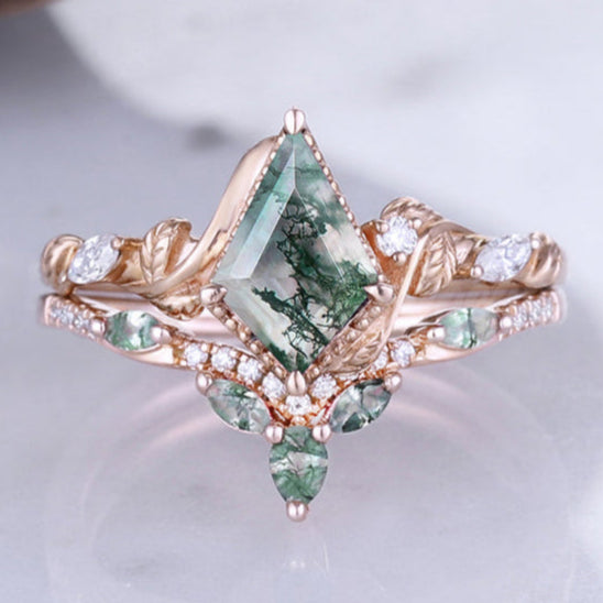 Nature Kite Cut Moss Agate Leaf Engagement Ring Set 2pcs