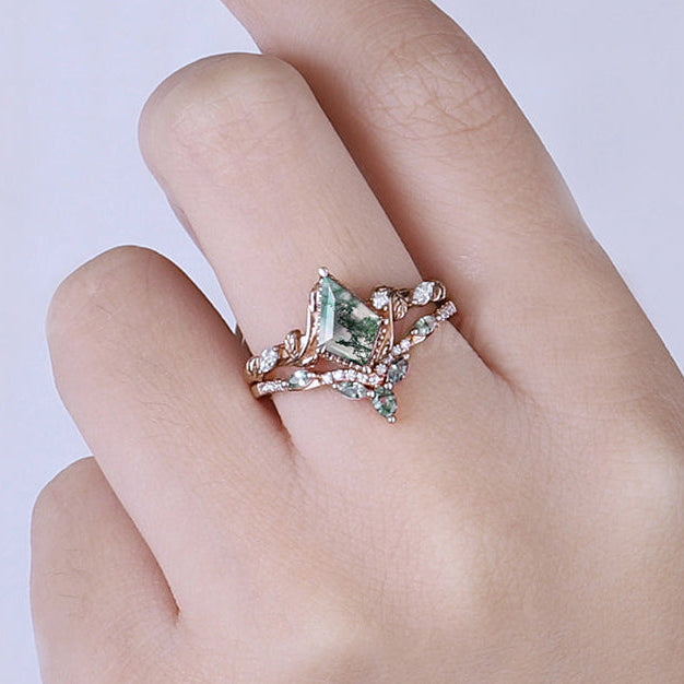 Nature Kite Cut Moss Agate Leaf Engagement Ring Set 2pcs