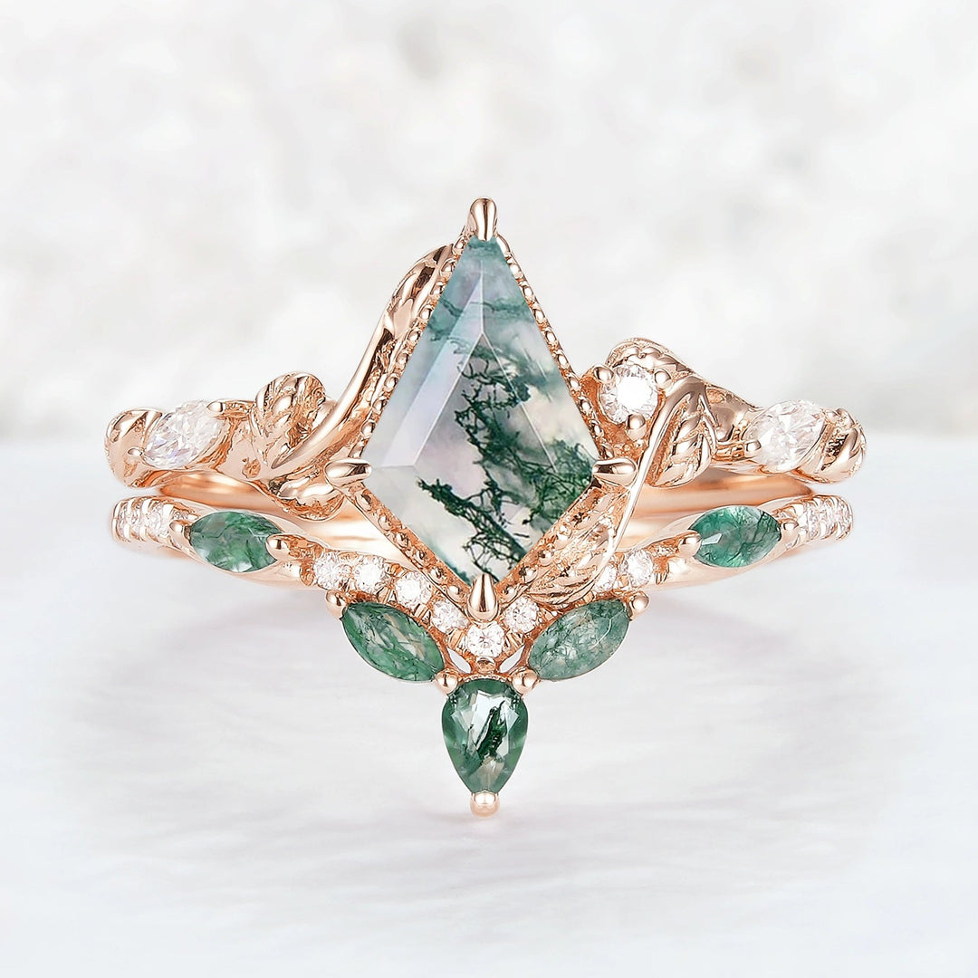 Nature Kite Cut Moss Agate Leaf Twisted Ring Set 2pcs