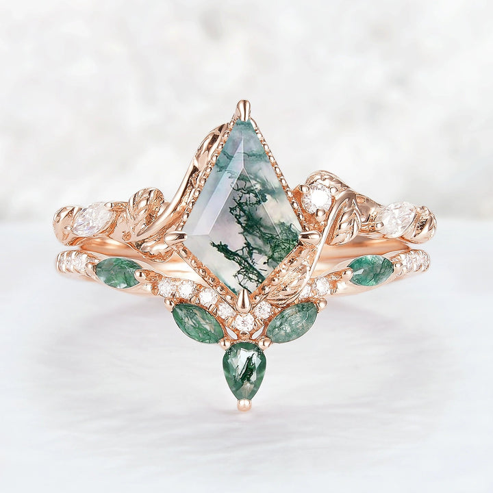 Nature Kite Cut Moss Agate Leaf Twisted Ring Set 2pcs