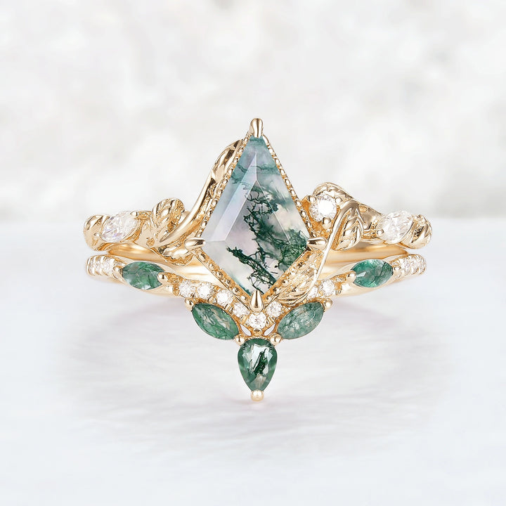 Nature Kite Cut Moss Agate Leaf Twisted Ring Set 2pcs