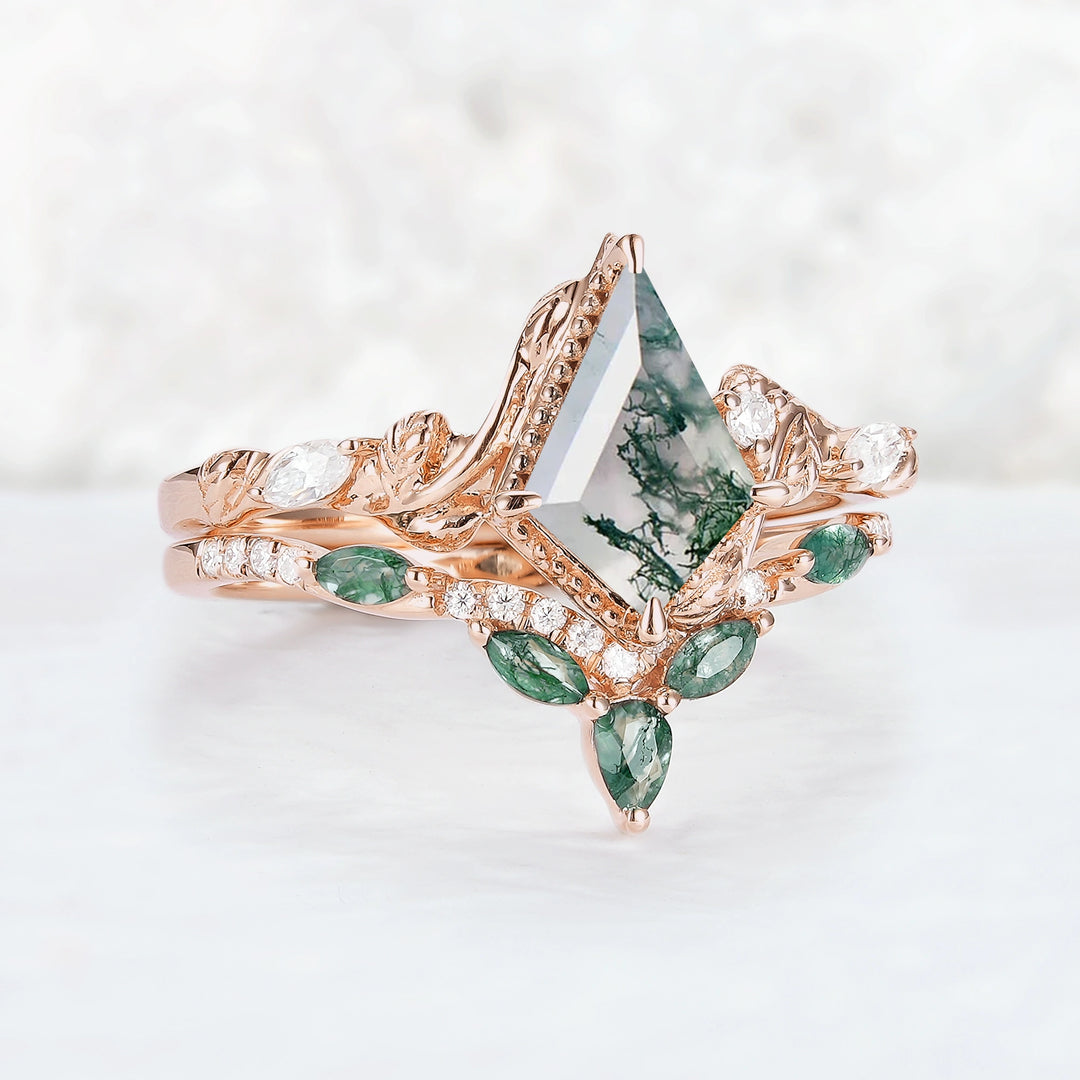 Nature Kite Cut Moss Agate Leaf Twisted Ring Set 2pcs