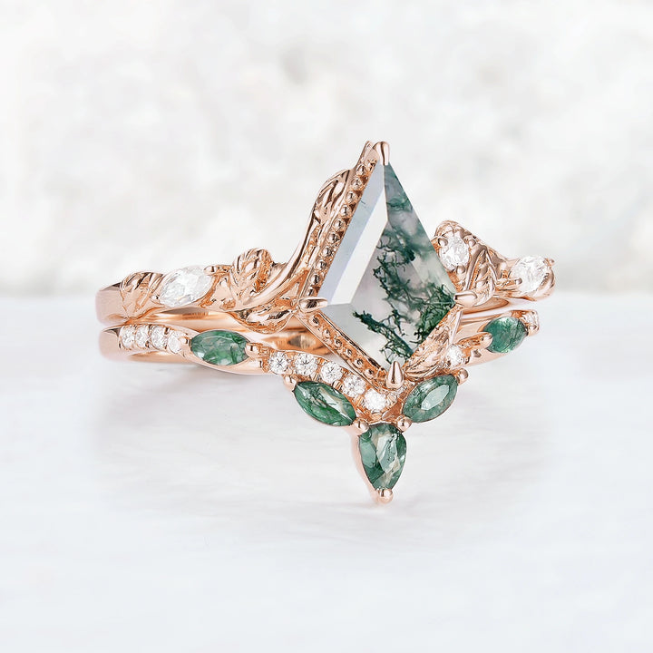 Nature Kite Cut Moss Agate Leaf Twisted Ring Set 2pcs