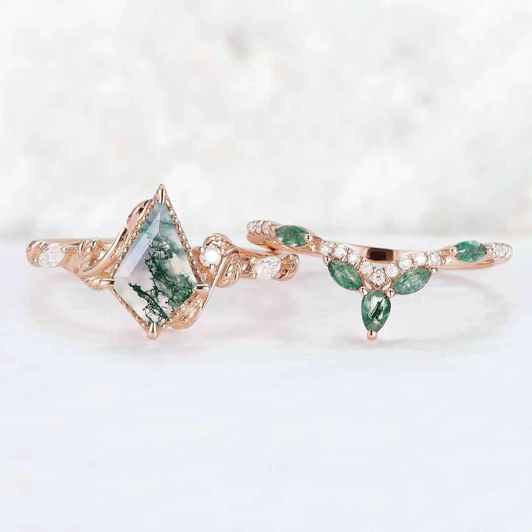 Nature Kite Cut Moss Agate Leaf Twisted Ring Set 2pcs