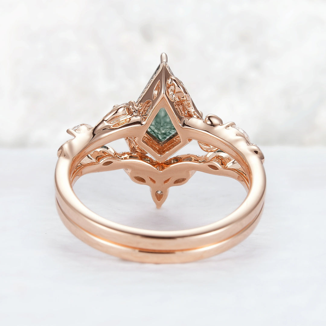 Nature Kite Cut Moss Agate Leaf Twisted Ring Set 2pcs