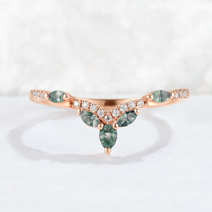 Nature Marquise Shaped Moss Agate Moissanite Stacking Ring