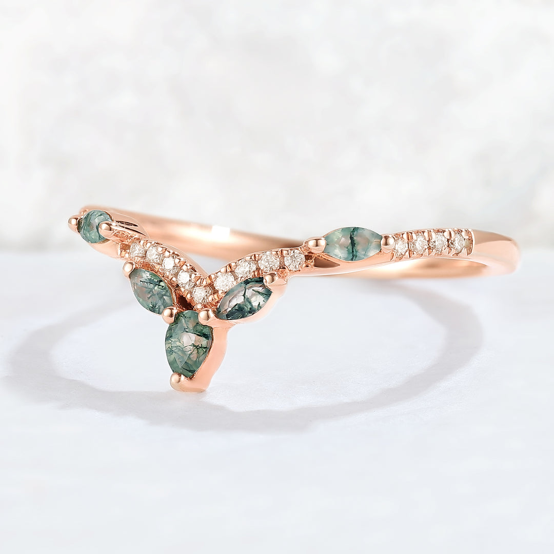 Nature Marquise Shaped Moss Agate Moissanite Stacking Ring