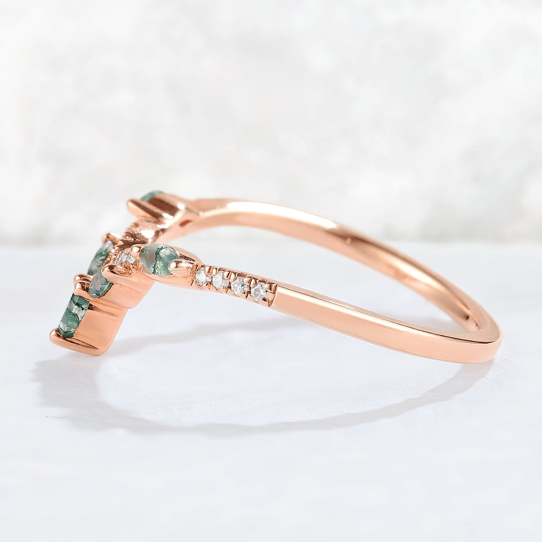 Nature Marquise Shaped Moss Agate Moissanite Stacking Ring