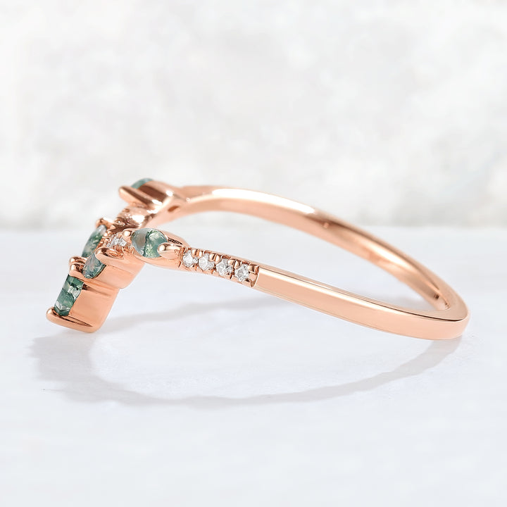 Nature Marquise Shaped Moss Agate Moissanite Stacking Ring