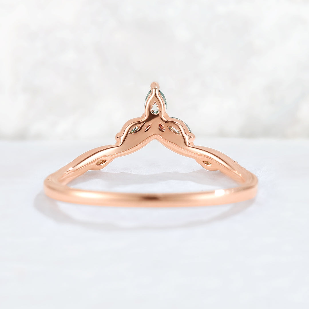 Nature Marquise Shaped Moss Agate Moissanite Stacking Ring