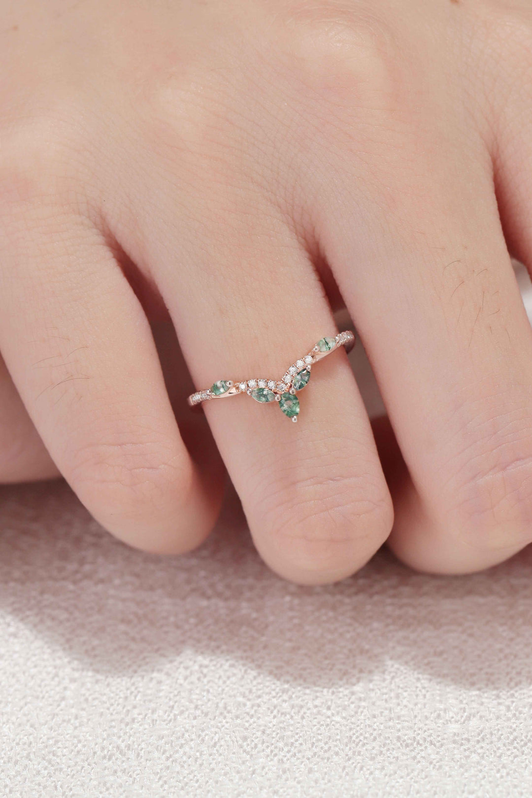 Nature Marquise Shaped Moss Agate Moissanite Wedding Ring