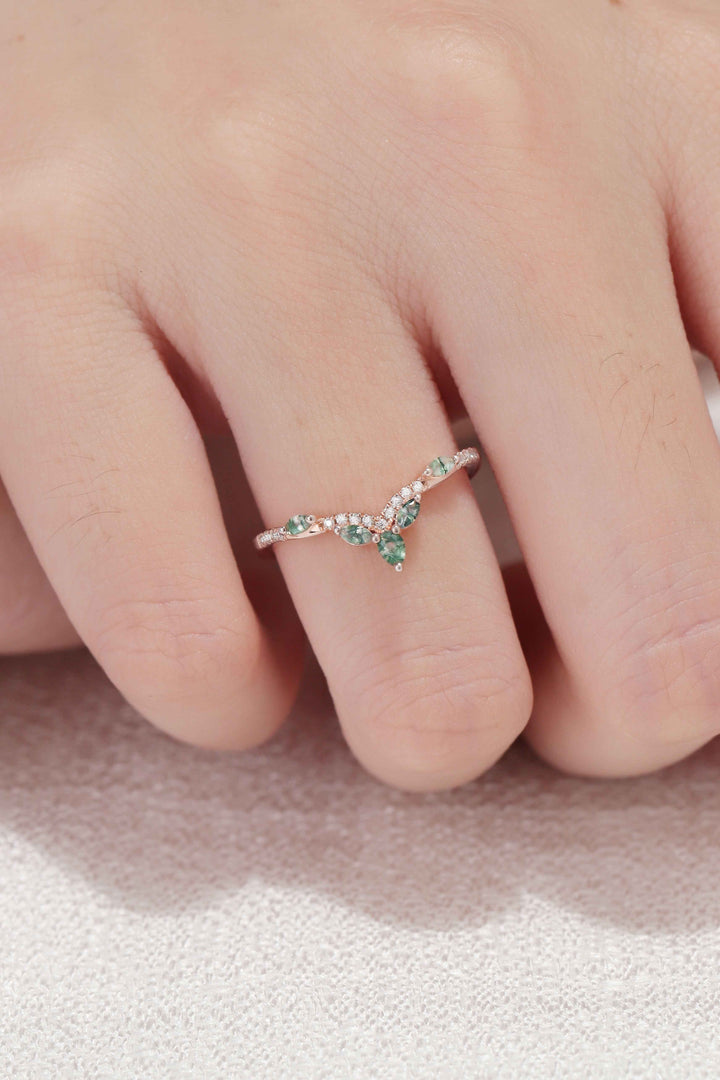 Nature Marquise Shaped Moss Agate Moissanite Wedding Ring