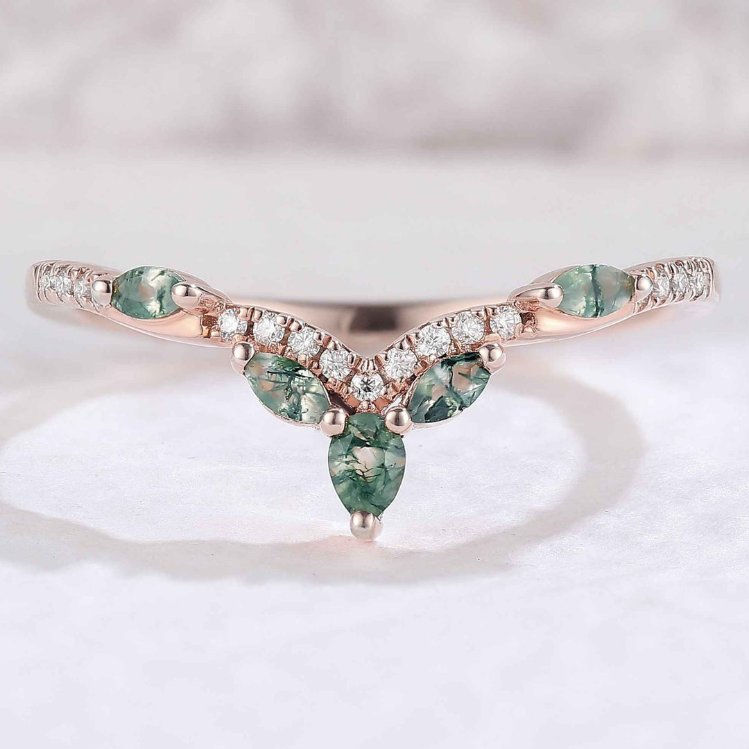 Nature Marquise Shaped Moss Agate Moissanite Wedding Ring