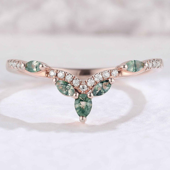 Nature Marquise Shaped Moss Agate Moissanite Wedding Ring