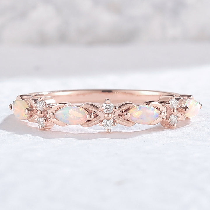 Nature Marquise Shaped Opal 14k Rose Gold Wedding Band