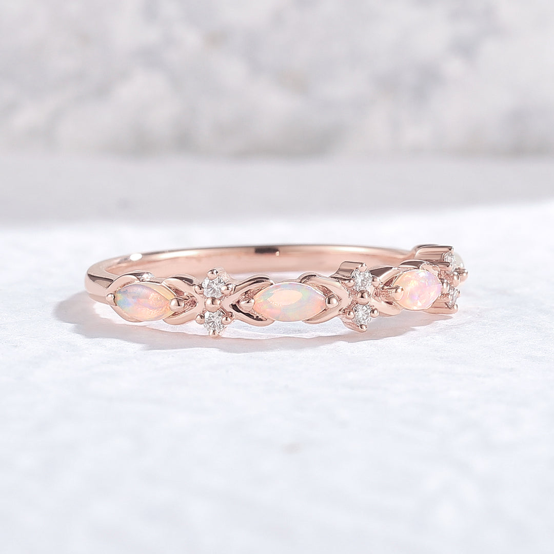 Nature Marquise Shaped Opal 14k Rose Gold Wedding Band