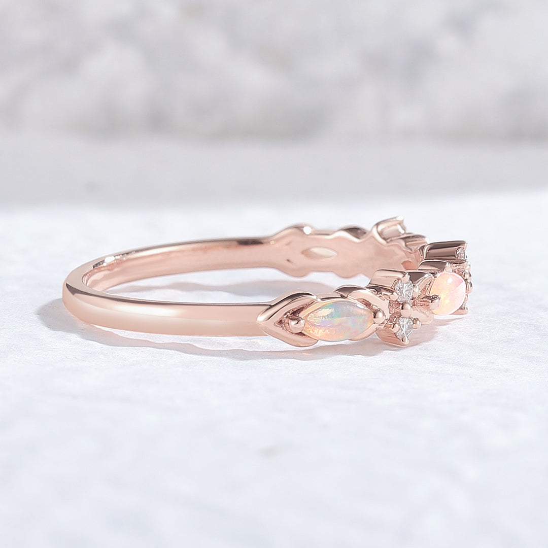 Nature Marquise Shaped Opal 14k Rose Gold Wedding Band