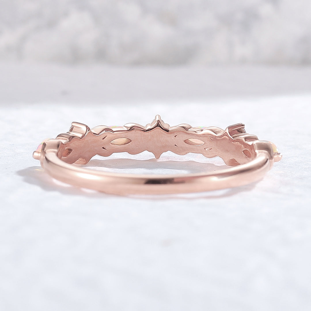 Nature Marquise Shaped Opal 14k Rose Gold Wedding Band