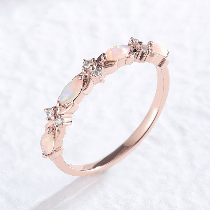 Nature Marquise Shaped Opal 14k Rose Gold Wedding Band