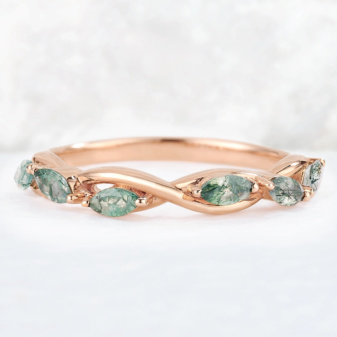 Nature Moss Agate Braidal Stack 14K Rose Gold Stacking Ring