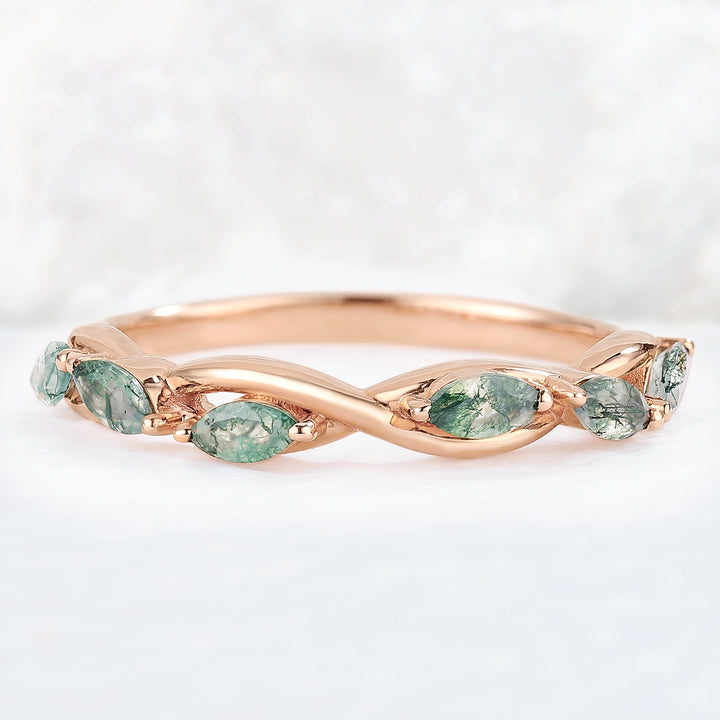 Nature Moss Agate Braidal Stack 14K Rose Gold Stacking Ring