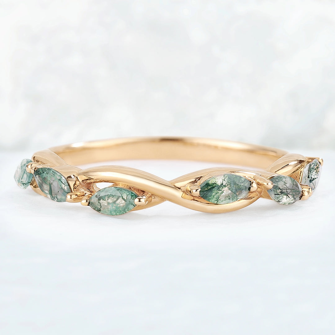 Nature Moss Agate Braidal Stack 14K Rose Gold Stacking Ring