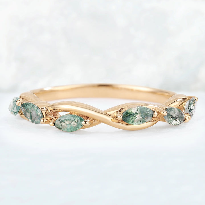 Nature Moss Agate Braidal Stack 14K Rose Gold Stacking Ring