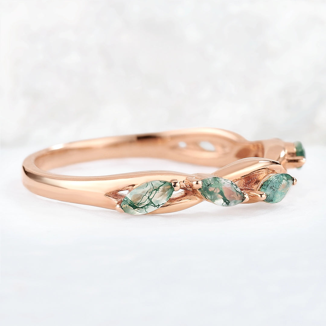 Nature Moss Agate Braidal Stack 14K Rose Gold Stacking Ring