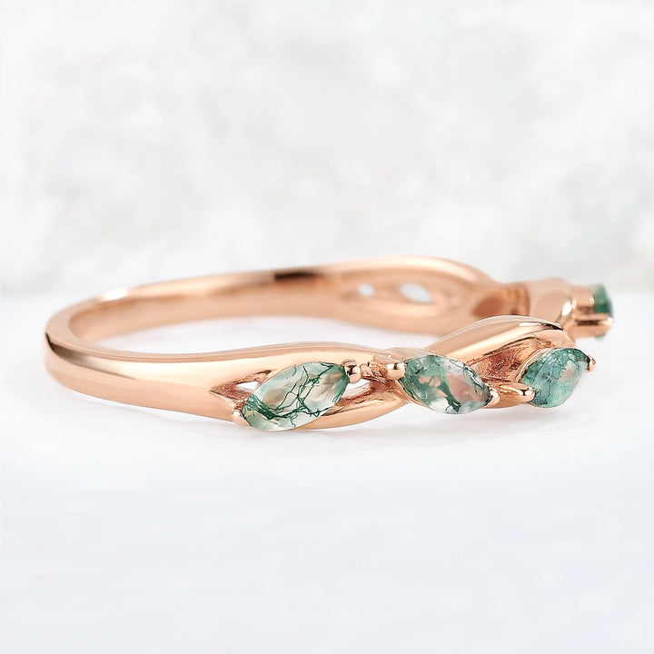 Nature Moss Agate Braidal Stack 14K Rose Gold Stacking Ring