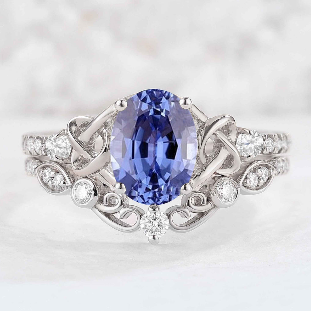 Nature Oval Cut Cornflower Sapphire Vine Gemstone Ring Set 2pcs
