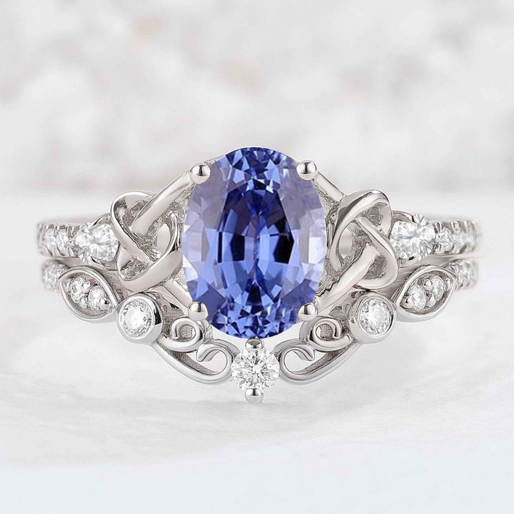 Nature Oval Cut Cornflower Sapphire Vine Gemstone Ring Set 2pcs