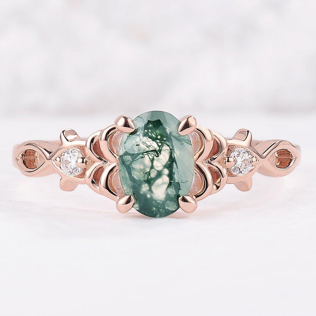 Nature Oval Cut Moss Agate Twig Engagement Ring
