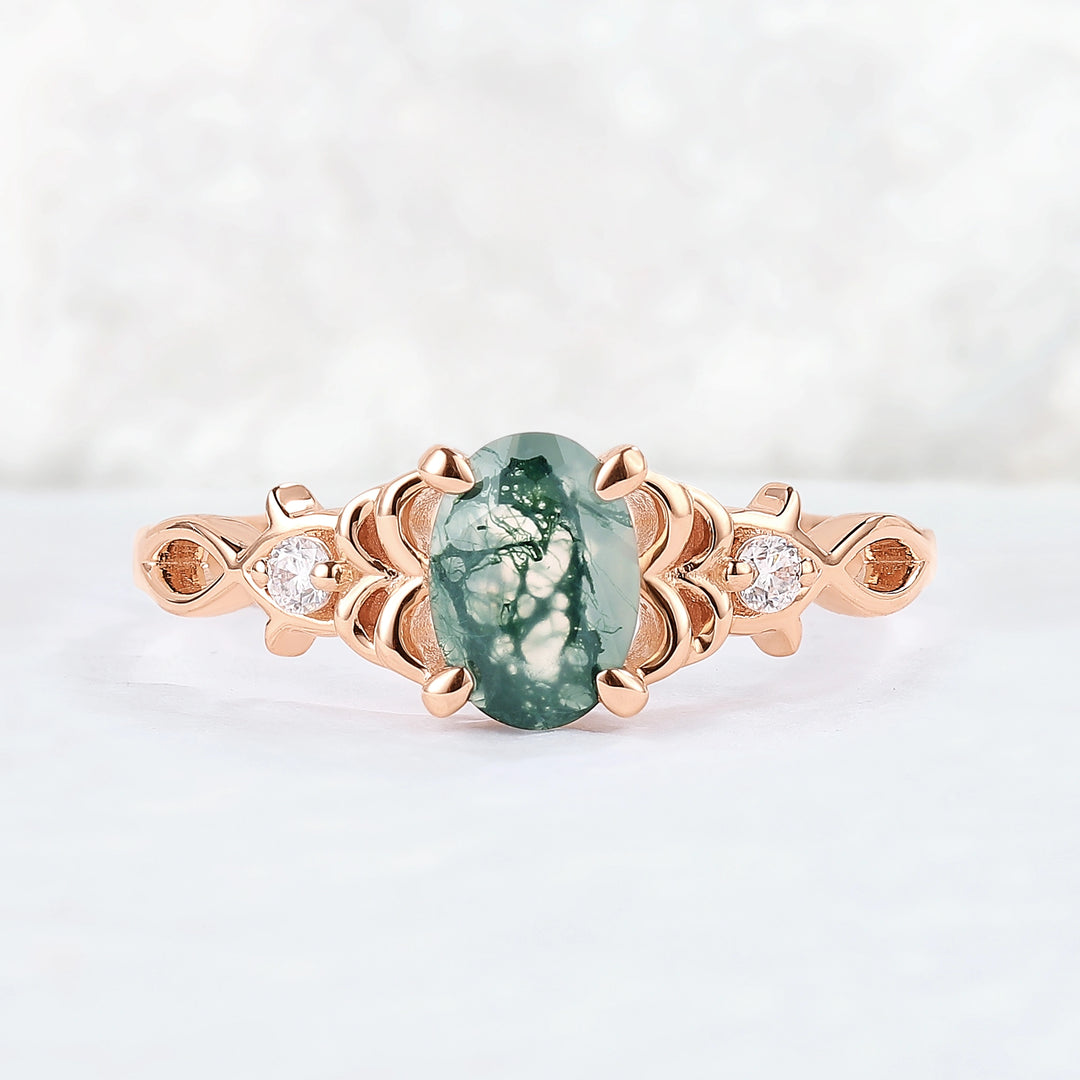 Nature Oval Cut Moss Agate Twig Gemstone Ring