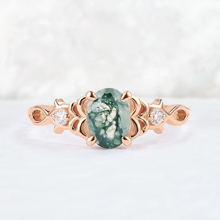 Nature Oval Cut Moss Agate Twig Gemstone Ring