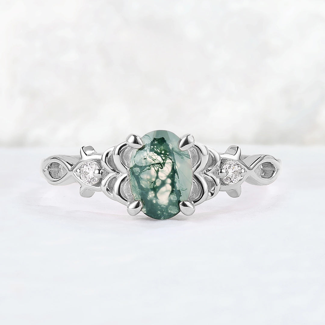 Nature Oval Cut Moss Agate Twig Gemstone Ring