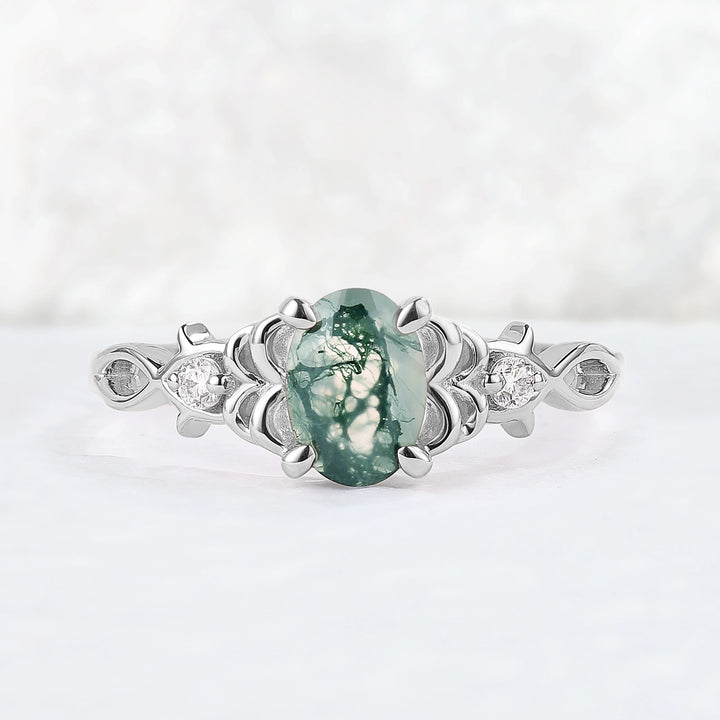 Nature Oval Cut Moss Agate Twig Gemstone Ring