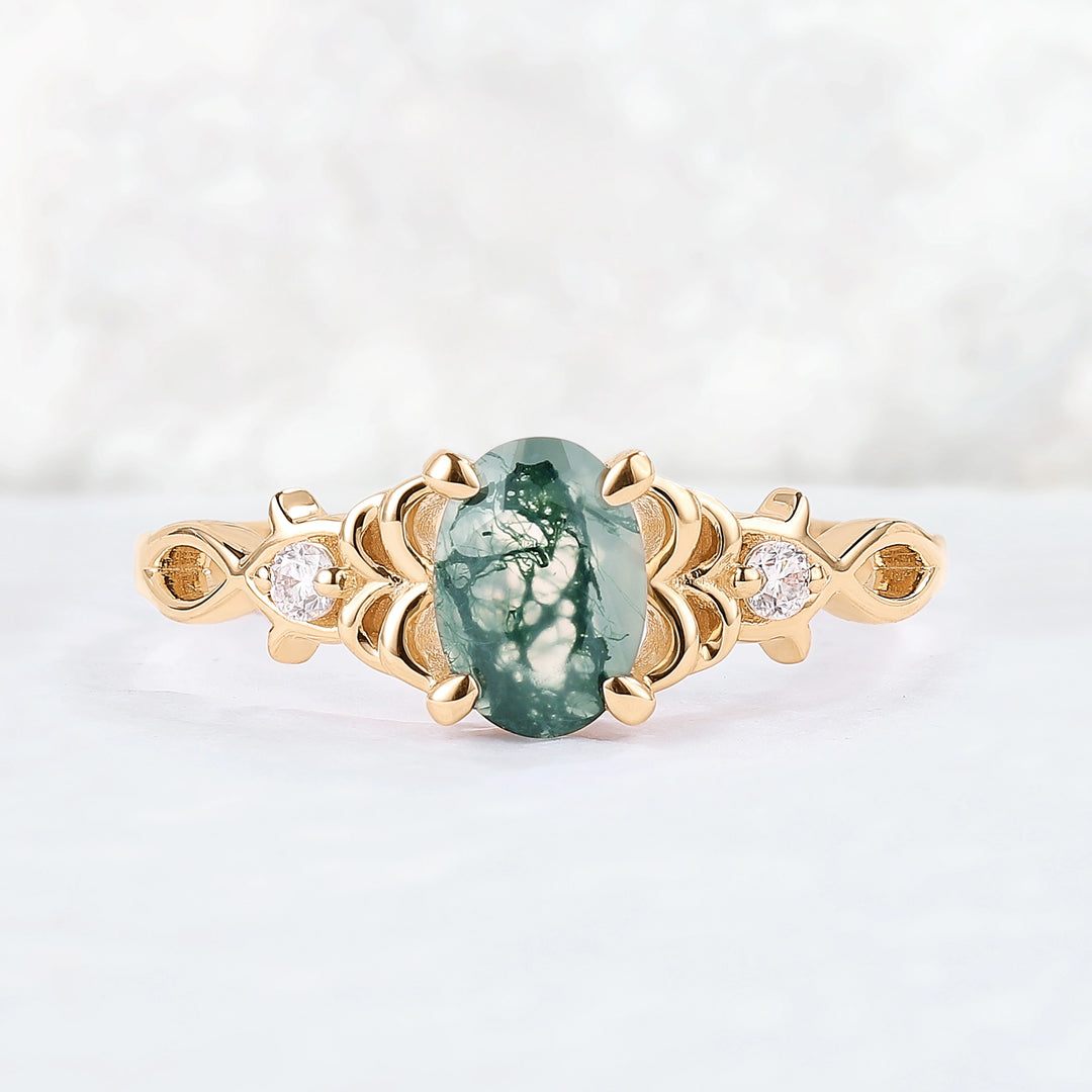 Nature Oval Cut Moss Agate Twig Gemstone Ring