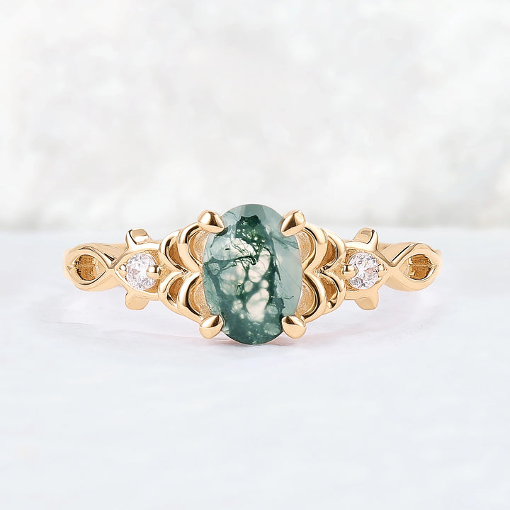 Nature Oval Cut Moss Agate Twig Gemstone Ring